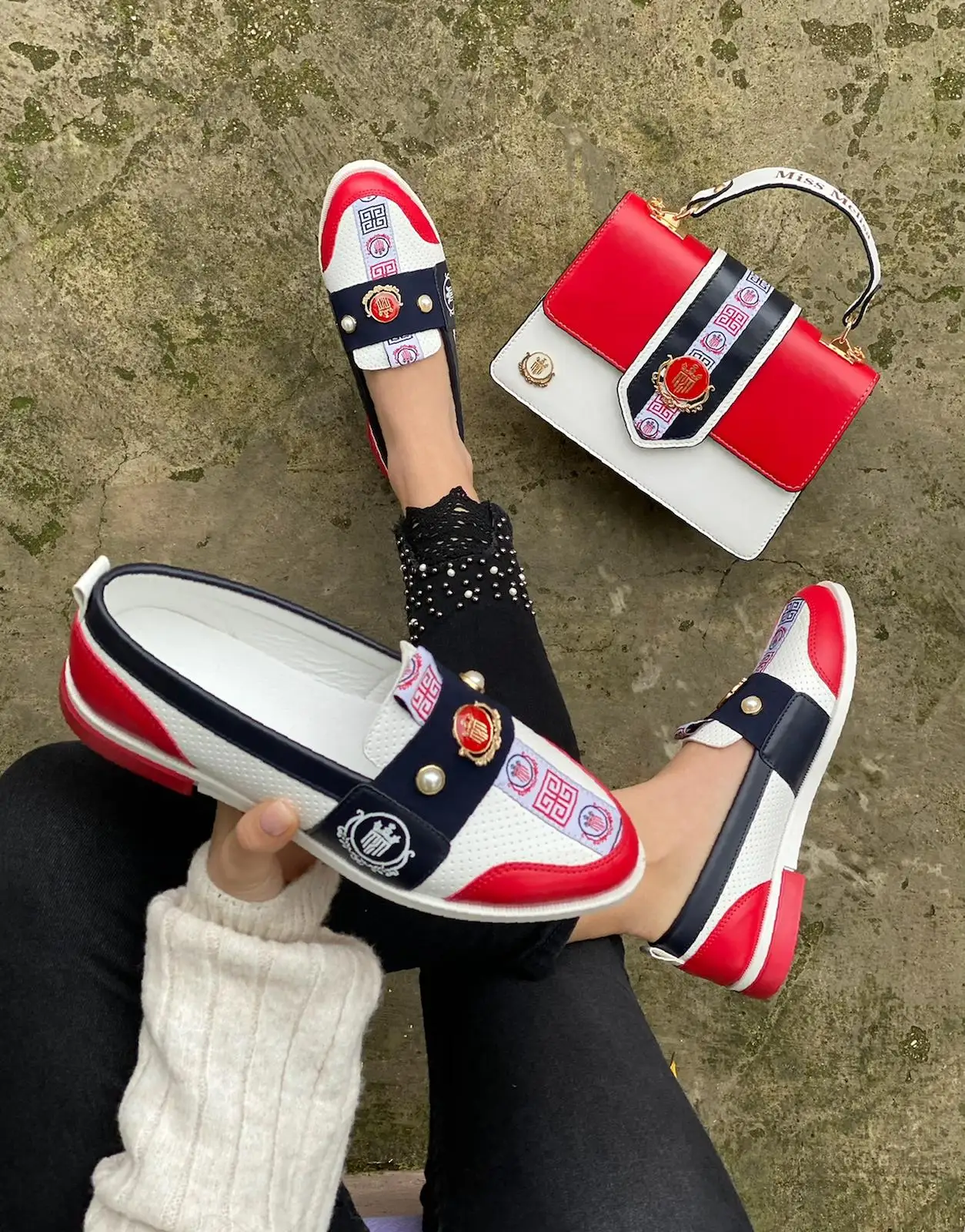 white,Red,Blue,color flat shoes and bag set B119