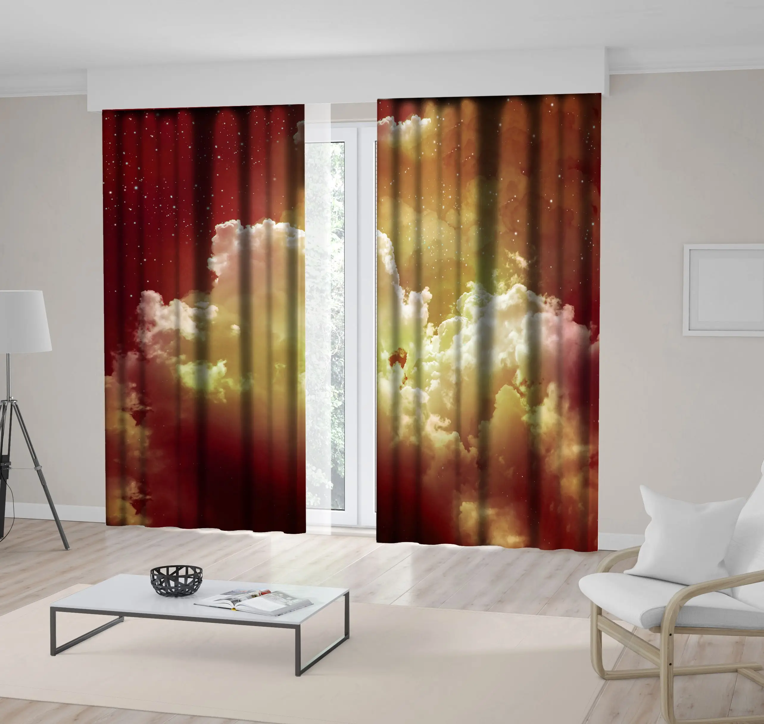 

Curtain Clouds and Stars Night Sky Cosmos Fantasy Dreamy View Cloudscape Artwork Printed Burgundy Yellow White
