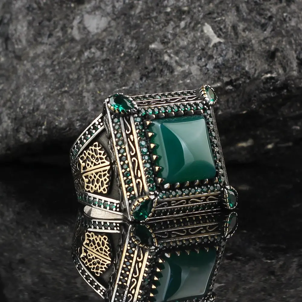 

Мужское серебряное кольцо 925 пробы с квадратным необработанным натуральным зеленым агатом и драгоценным камнем, Сделано в Турции, уникальн...