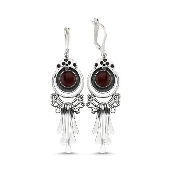 Silver 925 Sterling Red Agate Gemstone Dangle Hand Handwork Earrings