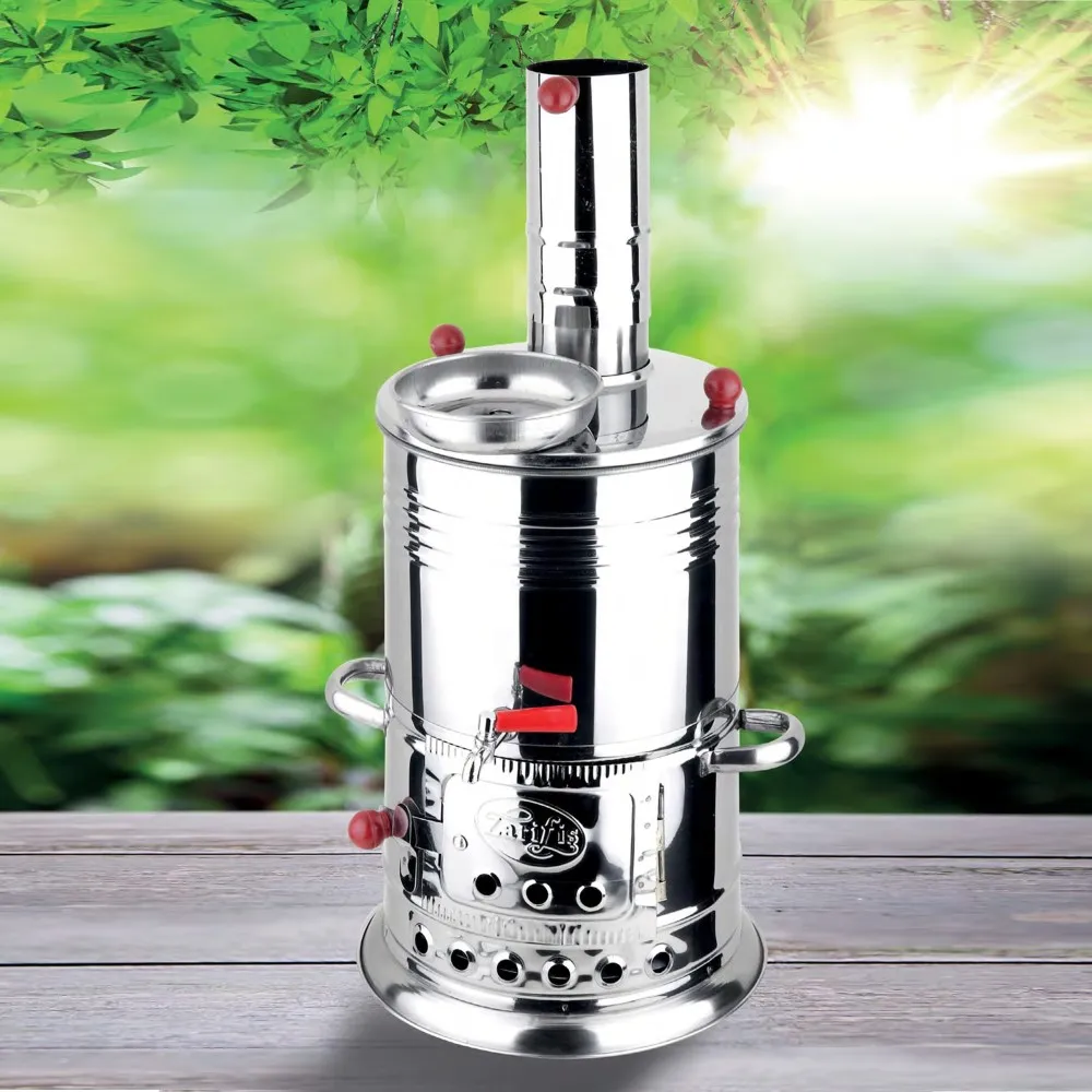 

Stainless Steel Samovar Wood Coal Single Tap 3.5-5-8-4 Lt Turkish Teapot Stove Camp Tea Maker With Charcoal Travel bbq Outdoor