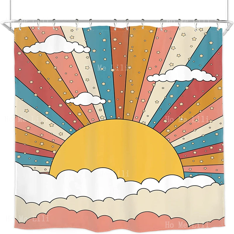 

Submarine Funny Rainbow Sunrise Retro 70s Teen Girl Hippie Abstract Geometric Clouds Stars Boho Shower Curtains