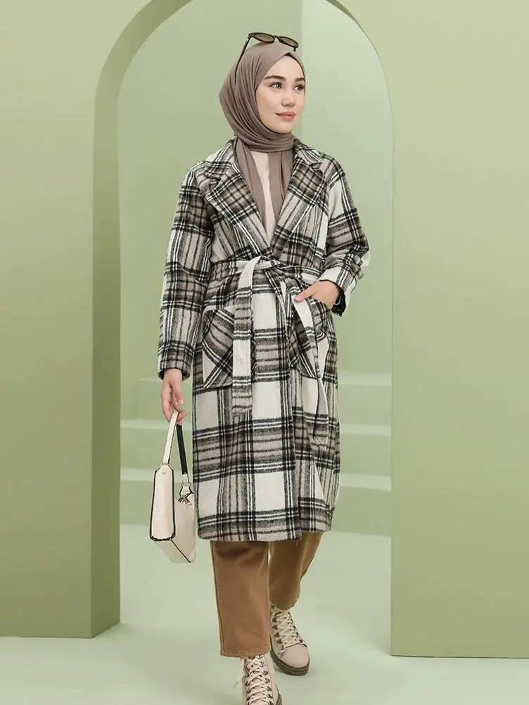 Checked Pattern Lined Long Jacket, Pocket Belted Unlined Coat Islamic Clothing Muslim Dresses For Women Autumn Spring Outerwear
Checked Pattern Lined Long Jacket, Pocket Belted Unlined Coat Islamic Clothing Muslim Dresses For Women Autumn Spring Outerwear