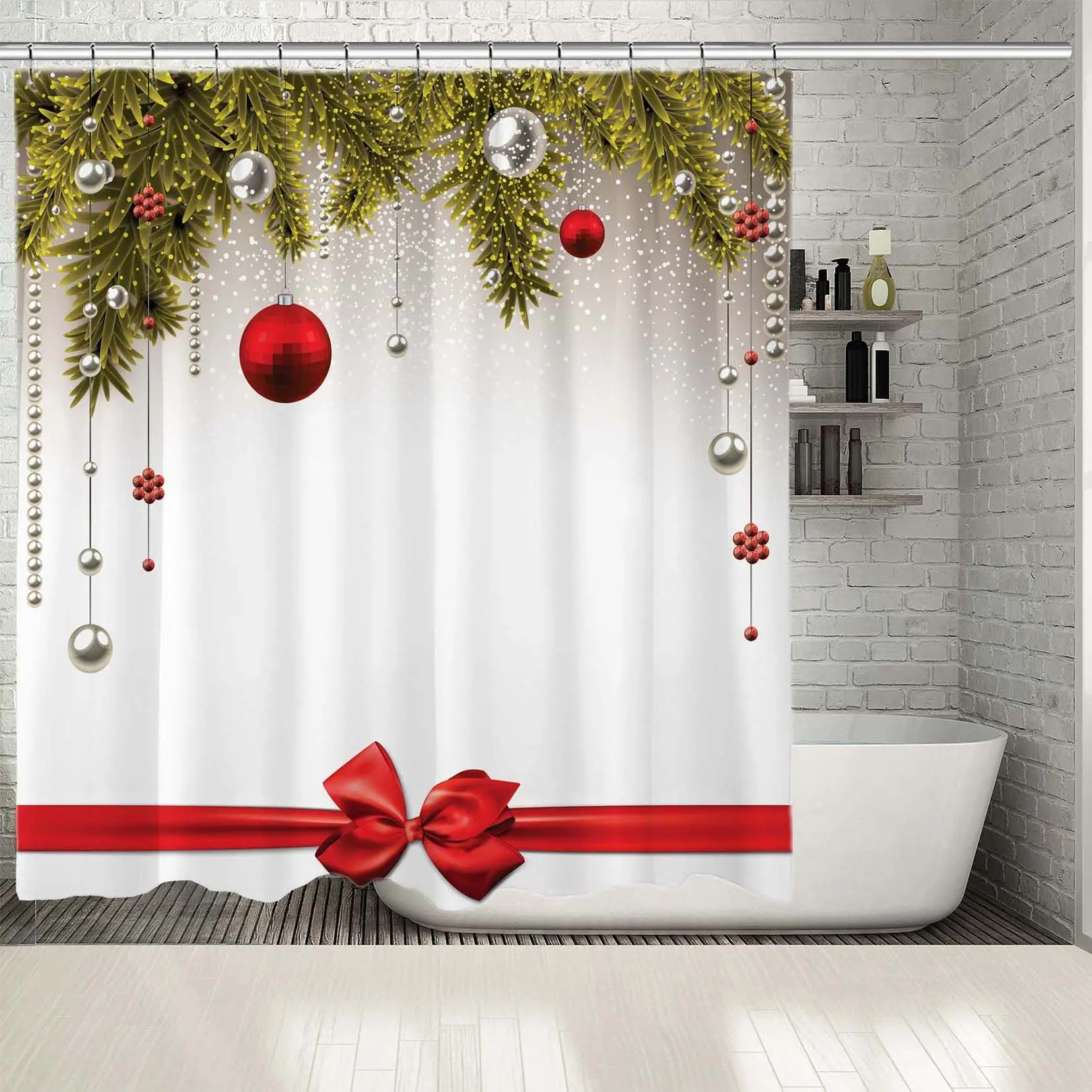 Shower Curtain Christmas Background with green Fir Twigs and Red Balls Ornaments White Snowflakes Merry Christmas Theme
Shower Curtain Christmas Background with green Fir Twigs and Red Balls Ornaments White Snowflakes Merry Christmas Theme
