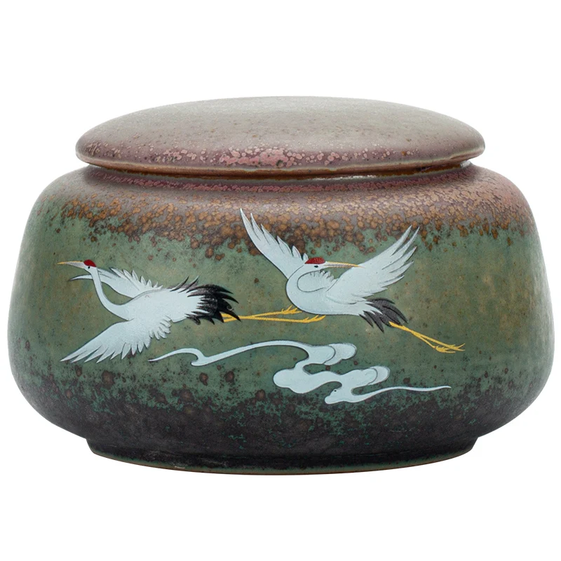 

Porcelain 11cm 14cm Red-Crowned Crane Tea Caddy Ceramic Teaset Chinese Kung Fu Coarse Pottery Hand Painted Auspicious Home Decor