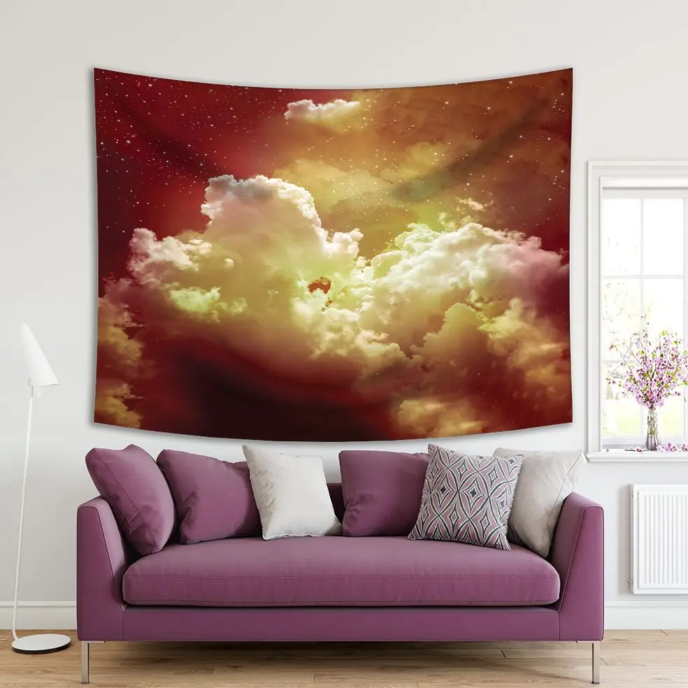 

Tapestry Clouds and Stars Night Sky Cosmos Fantasy Dreamy View Cloudscape Artwork Printed Burgundy Yellow White