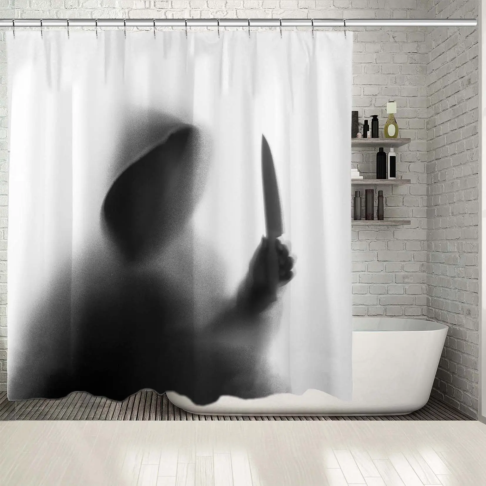 

Shower Curtain Man Behind the Frosted Glass Holding Knife Shadow Scary Nightmare Horror Theme Photo Printed White and Black