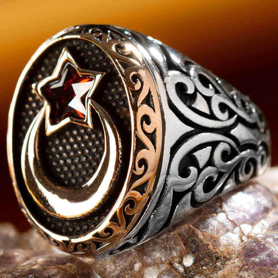 

Solid 925 Sterling Silver Men Vintage Oval Red Zircon Crescent Star Motif Ring Ottoman Style Hand Carved Unique Male Quality