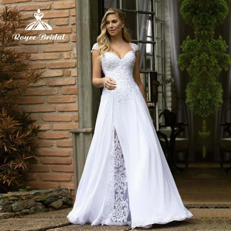 Sexy High Split A line Wedding Dress 2022 Chiffon Bridal Gown Cap Short Sleeve Sweep Button Lace Floor-Length Appliques vestidos
Sexy High Split A line Wedding Dress 2022 Chiffon Bridal Gown Cap Short Sleeve Sweep Button Lace Floor-Length Appliques vestidos