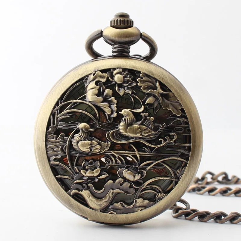 

Flap Skeleton Vintage Pocket Watch For Men Women Mandarin Ducks Play in Water Chain Necklace Pendant Best Gifts amante relógios