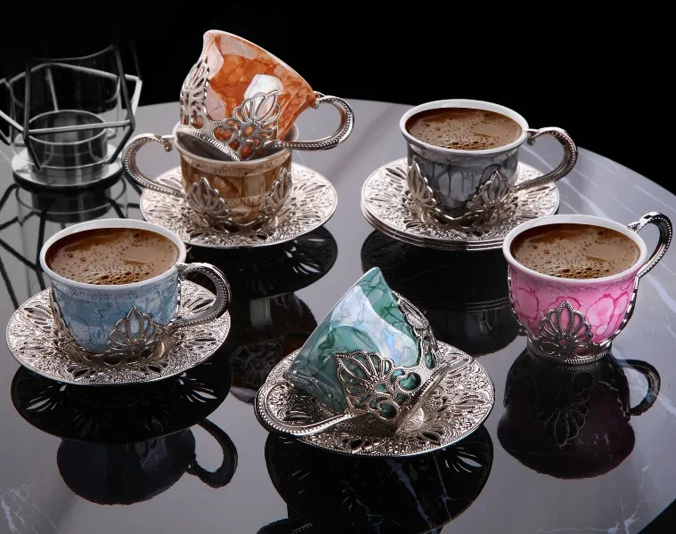 Turkish Coffee Cups Set of 6 and Saucers - Espresso Mugs with 2.3 oz with Large Handle Arabic Decor Style (Silver Saucers)
Turkish Coffee Cups Set of 6 and Saucers - Espresso Mugs with 2.3 oz with Large Handle Arabic Decor Style (Silver Saucers)