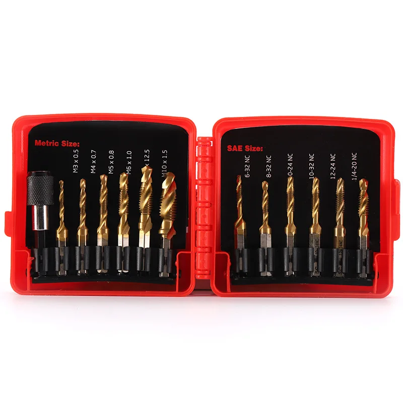 13PCS Hex Shank Titanium Plated HSS Screw Thread Metric & Inch Tap Drill Bits Set High Speed Steel Drilling And chamfering Tool
13PCS Hex Shank Titanium Plated HSS Screw Thread Metric & Inch Tap Drill Bits Set High Speed Steel Drilling And chamfering Tool