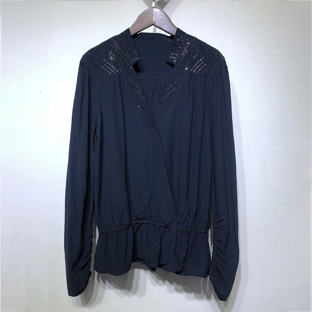 Rowling Solid Color Diamonds Women Shirt V-Neck Long Sleeve Elastic Waist Viscose Female Tops Casual Classic Lady Blouse 2022
Rowling Solid Color Diamonds Women Shirt V-Neck Long Sleeve Elastic Waist Viscose Female Tops Casual Classic Lady Blouse 2022