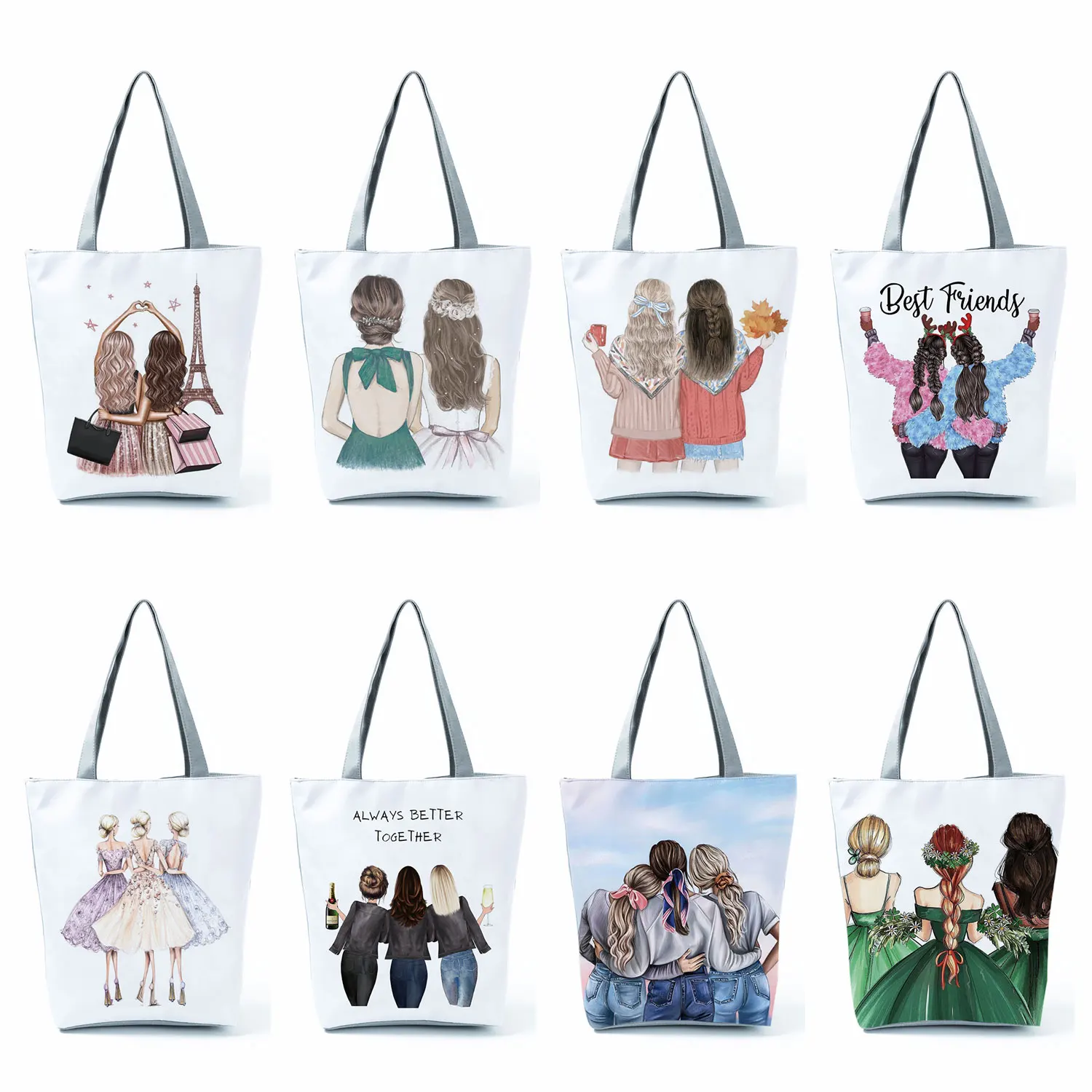 

Cute Cartoon Girlfriends Sisters Print Linen Tote Bag Reusable Shoulder Bags Folding Women Casual Handbags Beautiful Girl Totes