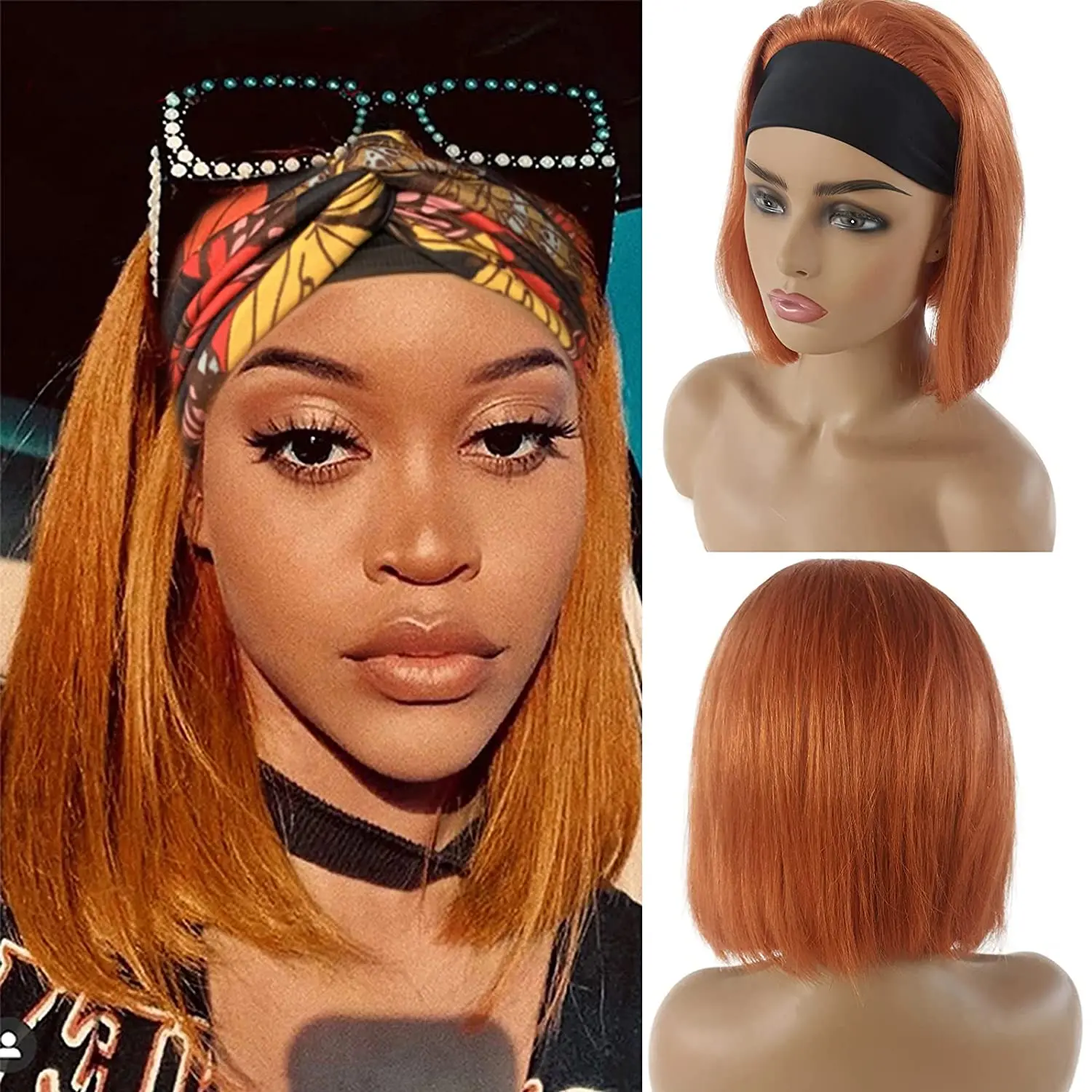 

Ginger Headband Wig Straight None Lace Front Machine Made Human Hair Wig Orange Glueless Brazilian Remy Short Bob Wig For Women