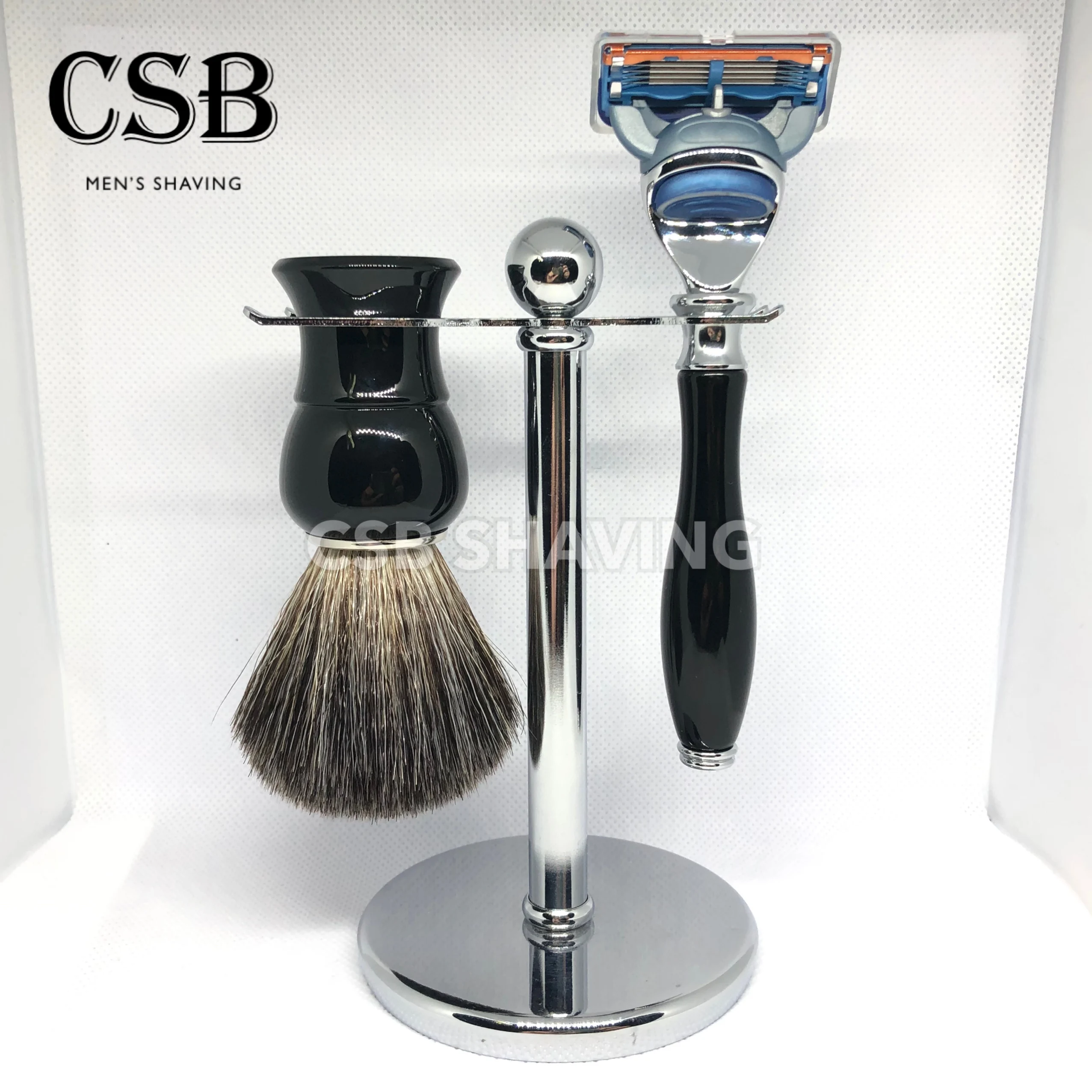 CSB Badger Hair Shaving Brush Set Classic Black Handle 5 Blades Razor Metal Stand Holder Transparent Protect Cap
CSB Badger Hair Shaving Brush Set Classic Black Handle 5 Blades Razor Metal Stand Holder Transparent Protect Cap