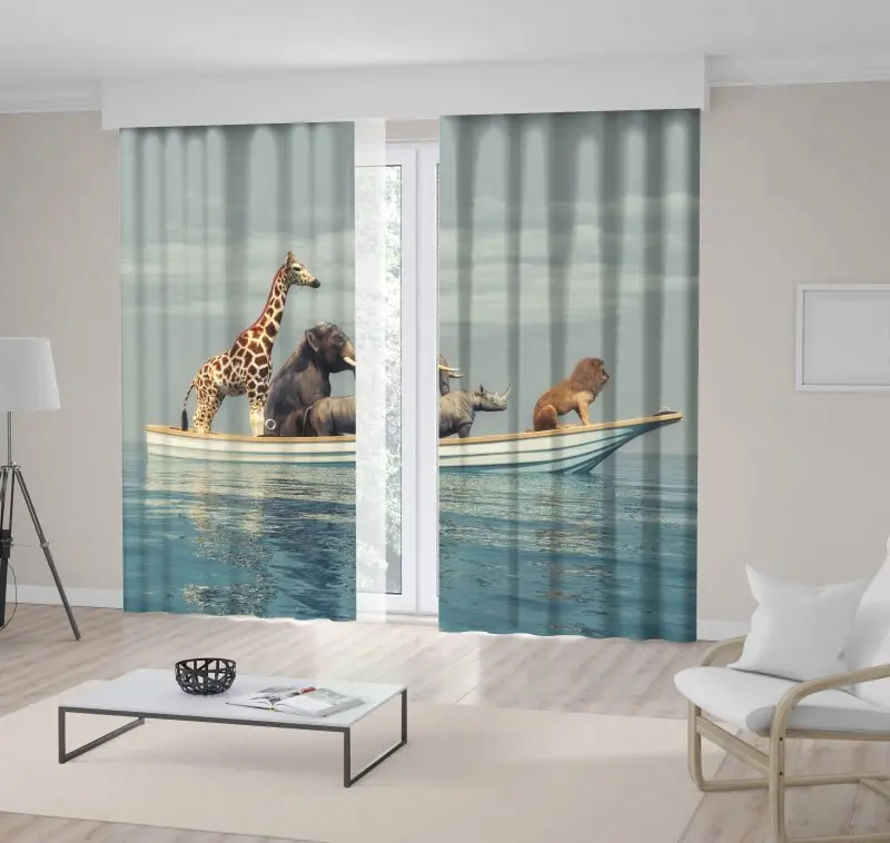 Curtain Wild Animals Lion Rhino Elephant Giraffe Sitting in A Boat Peaceful Ocean Seascape Blue Beige
Curtain Wild Animals Lion Rhino Elephant Giraffe Sitting in A Boat Peaceful Ocean Seascape Blue Beige