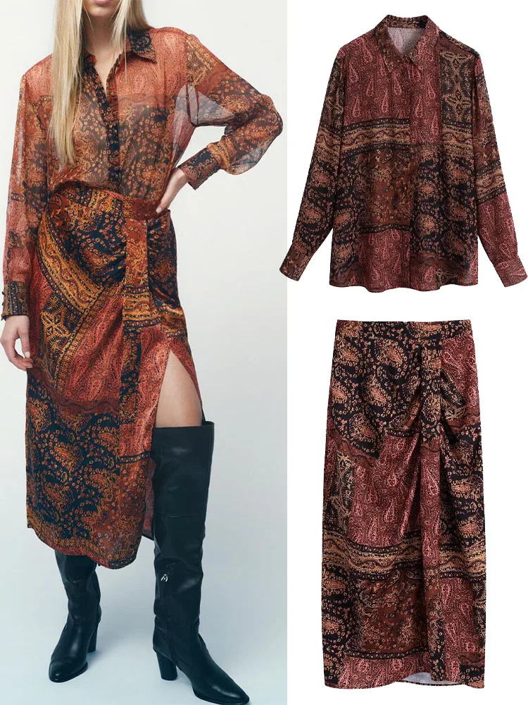 2022autumn new women's retro temperament lapel loose straight translucent printed shirt + slim printed side slit sarong skirt
2022autumn new women's retro temperament lapel loose straight translucent printed shirt + slim printed side slit sarong skirt