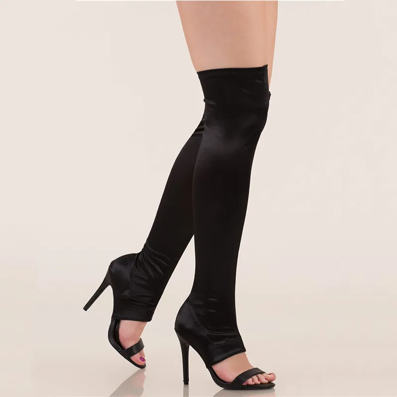 

Fashion Women New Elastic Fabric Over The Knee Boots 2022 Summer Peep Toe High Heel Casual Sandals Ladie Sexy Thigh High Boots