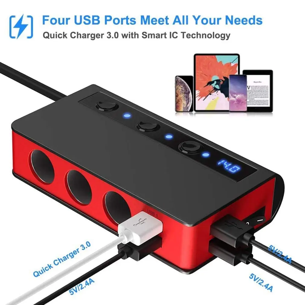 Quick Charge 3.0 Cigarette Lighter Socket Splitter 12V/24V 3-Socket 180W On-Off Car Splitter With 4-Port USB Car Charger
Quick Charge 3.0 Cigarette Lighter Socket Splitter 12V/24V 3-Socket 180W On-Off Car Splitter With 4-Port USB Car Charger