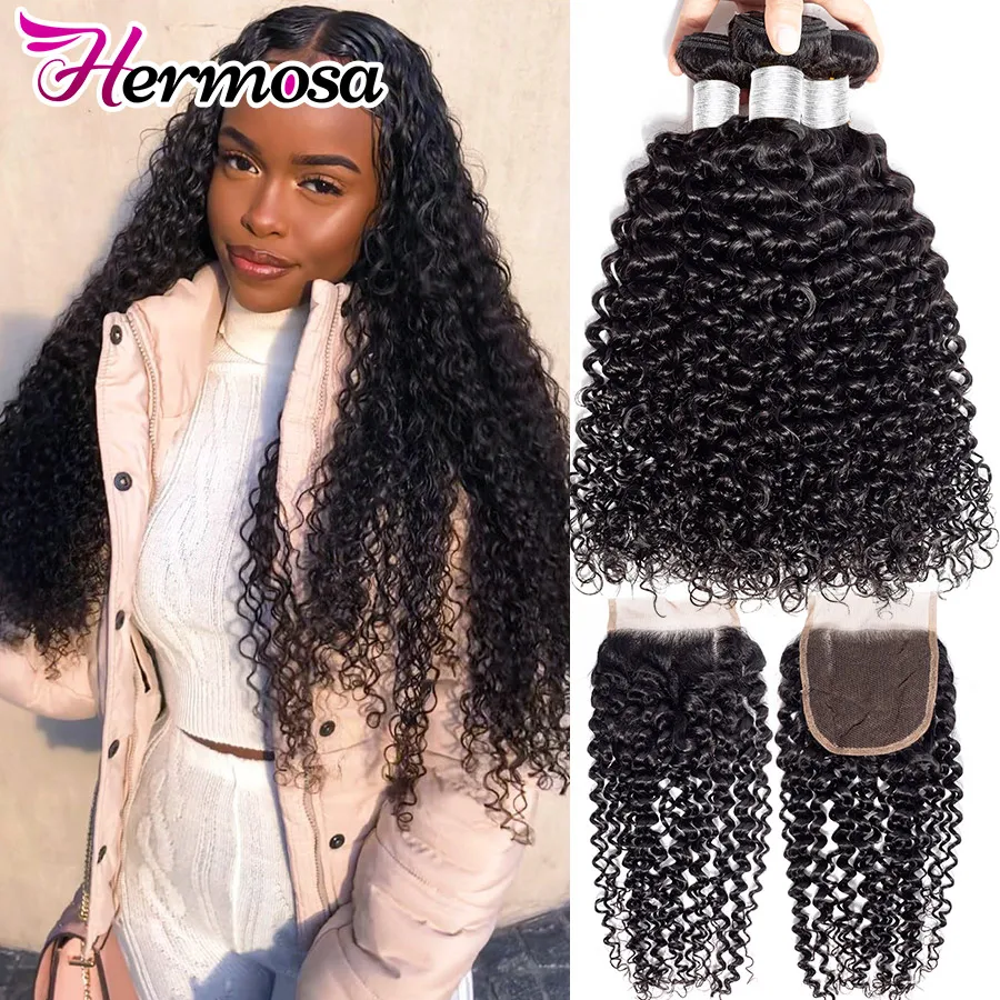 Бразильские кудрявые вьющиеся волосы Hermosa с застежкой 3 пряди человеческих волос на шнуровке Remy наращивание