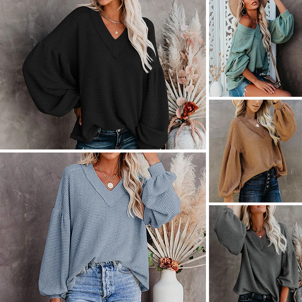Loose Pullover Tops Lantern Long Sleeve Shirts Women Casual Comfortable Solid Color Knitted Tunic Elegant V Neck Waffle Tops
Loose Pullover Tops Lantern Long Sleeve Shirts Women Casual Comfortable Solid Color Knitted Tunic Elegant V Neck Waffle Tops