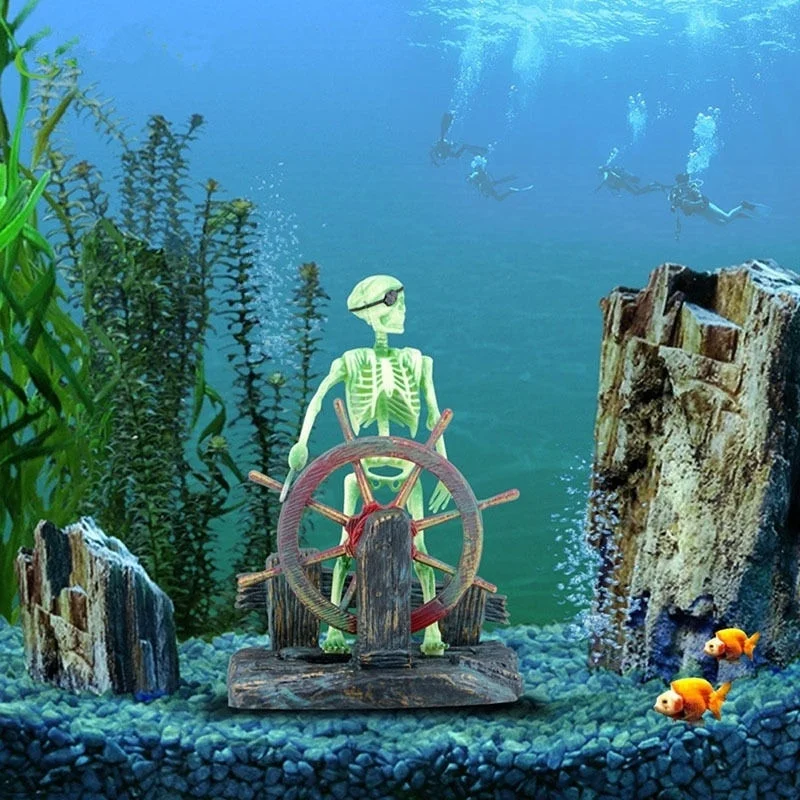 Пиратский капитан аквариум искусственное украшение пейзаж скелет на колесе
