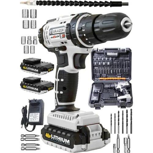 Graizer 46 V 5 Ah Pulsed Metal Transmission Copper Wrapped Double Cordless Rechargeable Screwdriver Drill 24 Piece Set Gray
Graizer 46 V 5 Ah Pulsed Metal Transmission Copper Wrapped Double Cordless Rechargeable Screwdriver Drill 24 Piece Set Gray