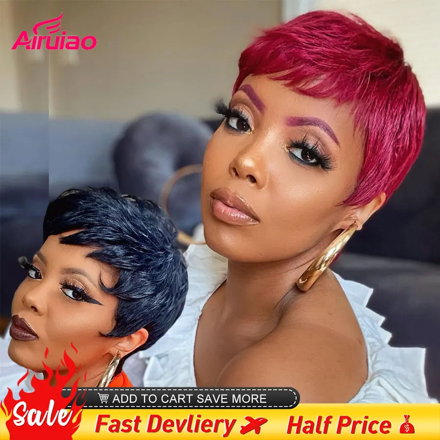 

Burgundy Red Short Human Hair Wig Pixie Cut Full Machine Made 99J Color Wig Natural Hairline Brazilian Remy Hair Women No Lace