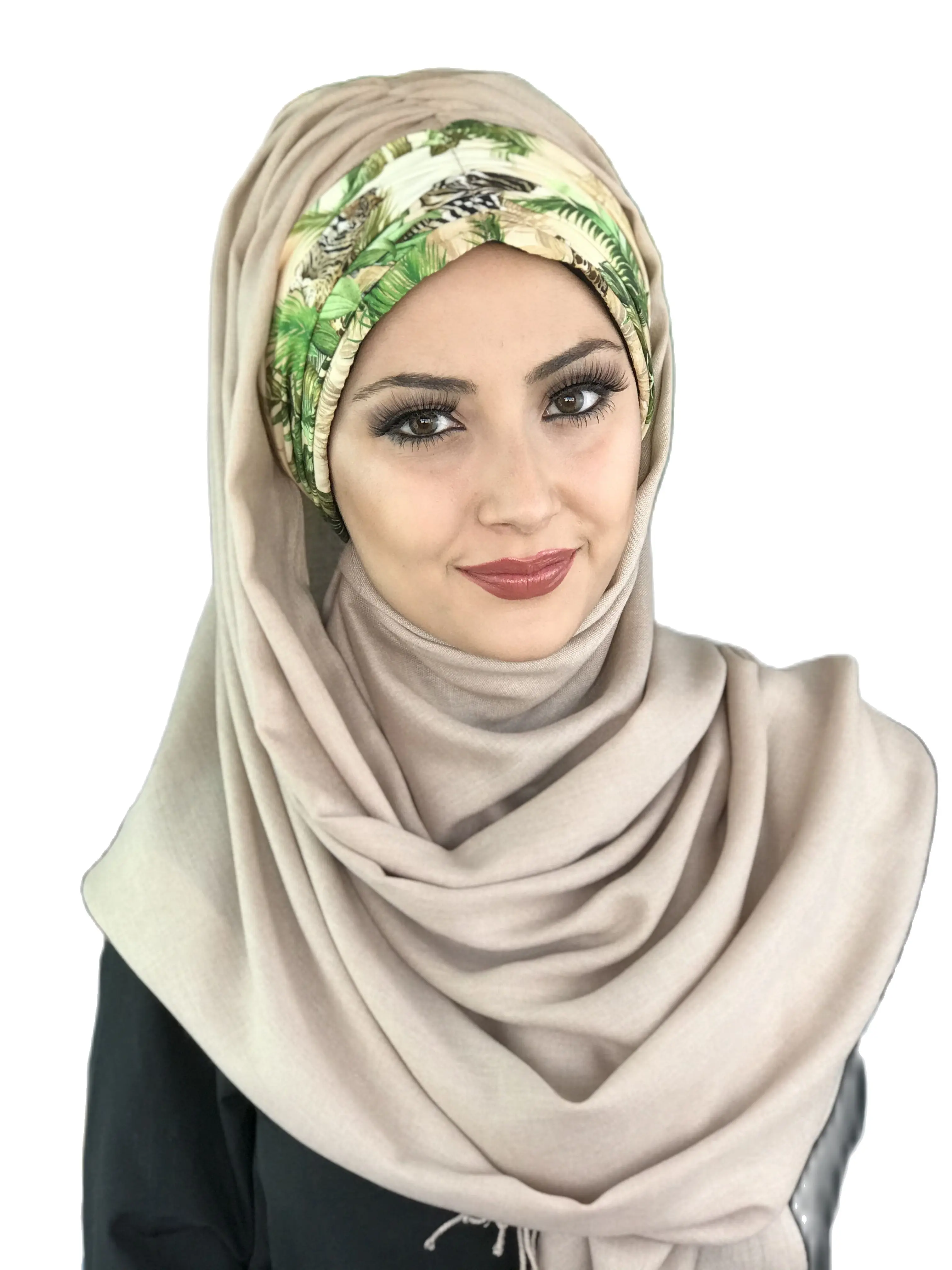 

New Fashion Hijab 2021 Women Muslim Chiffon Islamic Bonnet Hijab Hat Stone Color Green Leaf Detailed Pleated Ready Shawl
