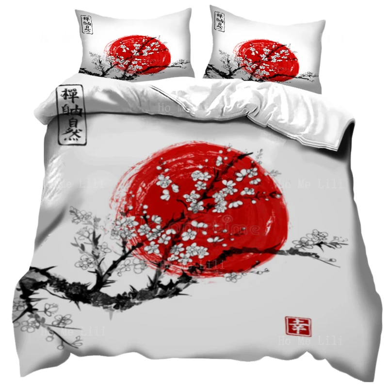 

Japan Watercolor Spring Mount Fuji With Cherry Blossom Sakura Flower Red Sun Contains Hieroglyphs Zen Duvet Cover By Ho Me Lili