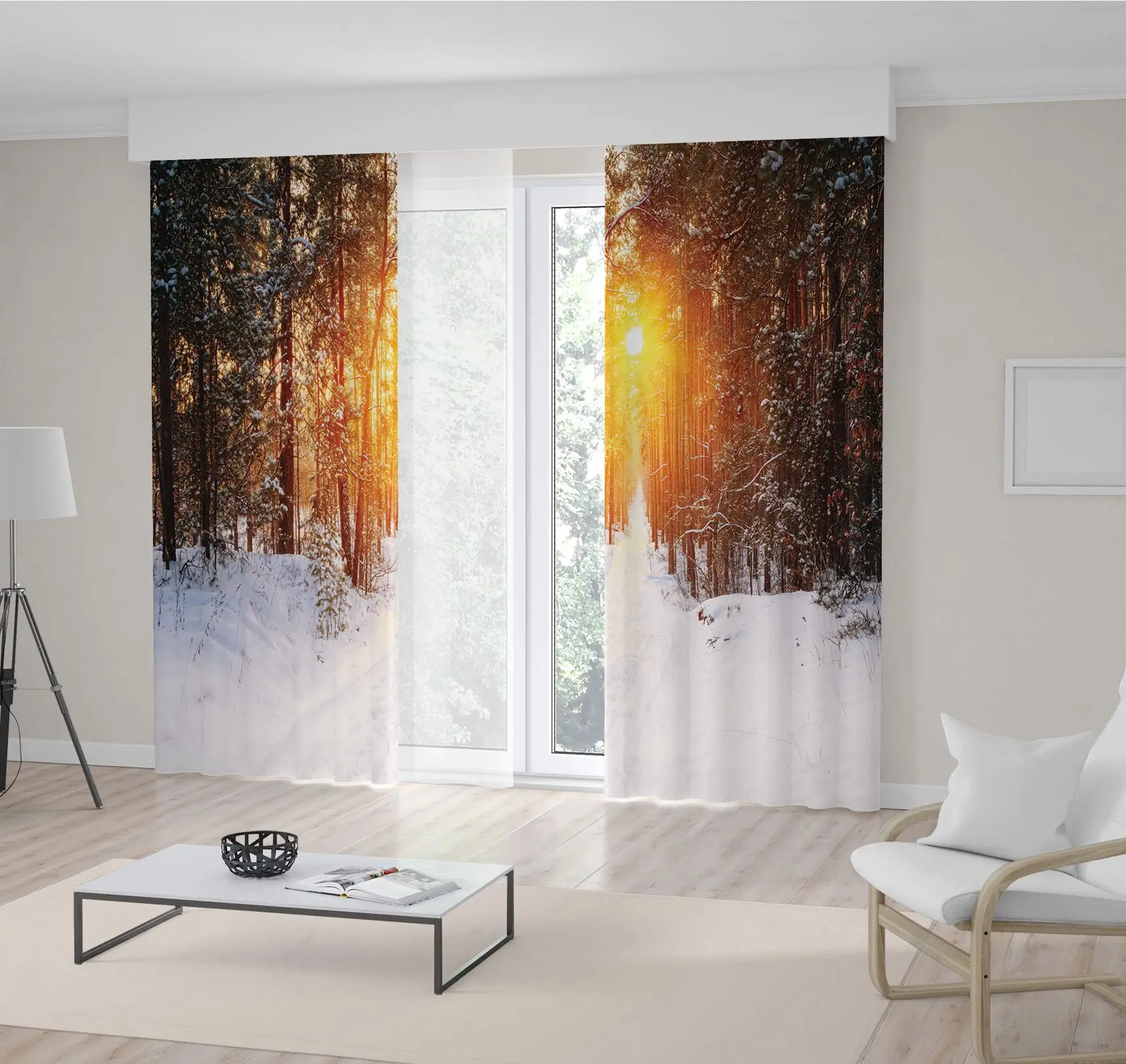 

Curtain in Sunrise Forest Evergreen Pine Trees Snowy Winter Morning Landscape Nature Picture