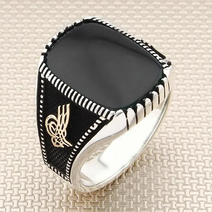 

Vintage Square Black Onyx Stone Men Silver Ring With Bronze Ottoman Tugra Motif Made in Turkey Solid 925 Sterling Silver