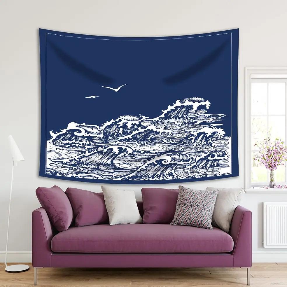 

Tapestry Seascape with White Contour Waves and Seagulls on Navy Blue Background Illustration Print