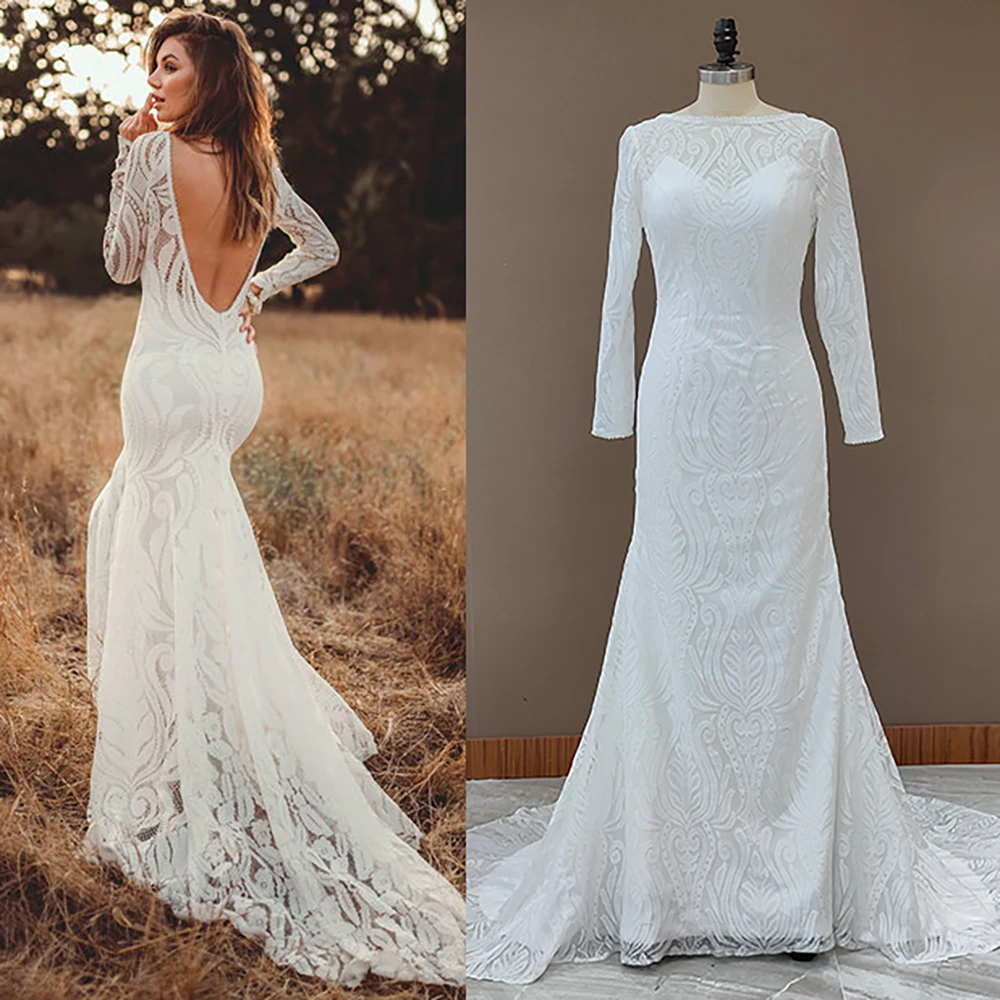 Elegant Lace Long Sleeve Boho Mermaid Wedding Dress Boat Neck V Backless Plus Size Drop Ship Rustic Outdoor Bridal Gowns 4186
Elegant Lace Long Sleeve Boho Mermaid Wedding Dress Boat Neck V Backless Plus Size Drop Ship Rustic Outdoor Bridal Gowns 4186