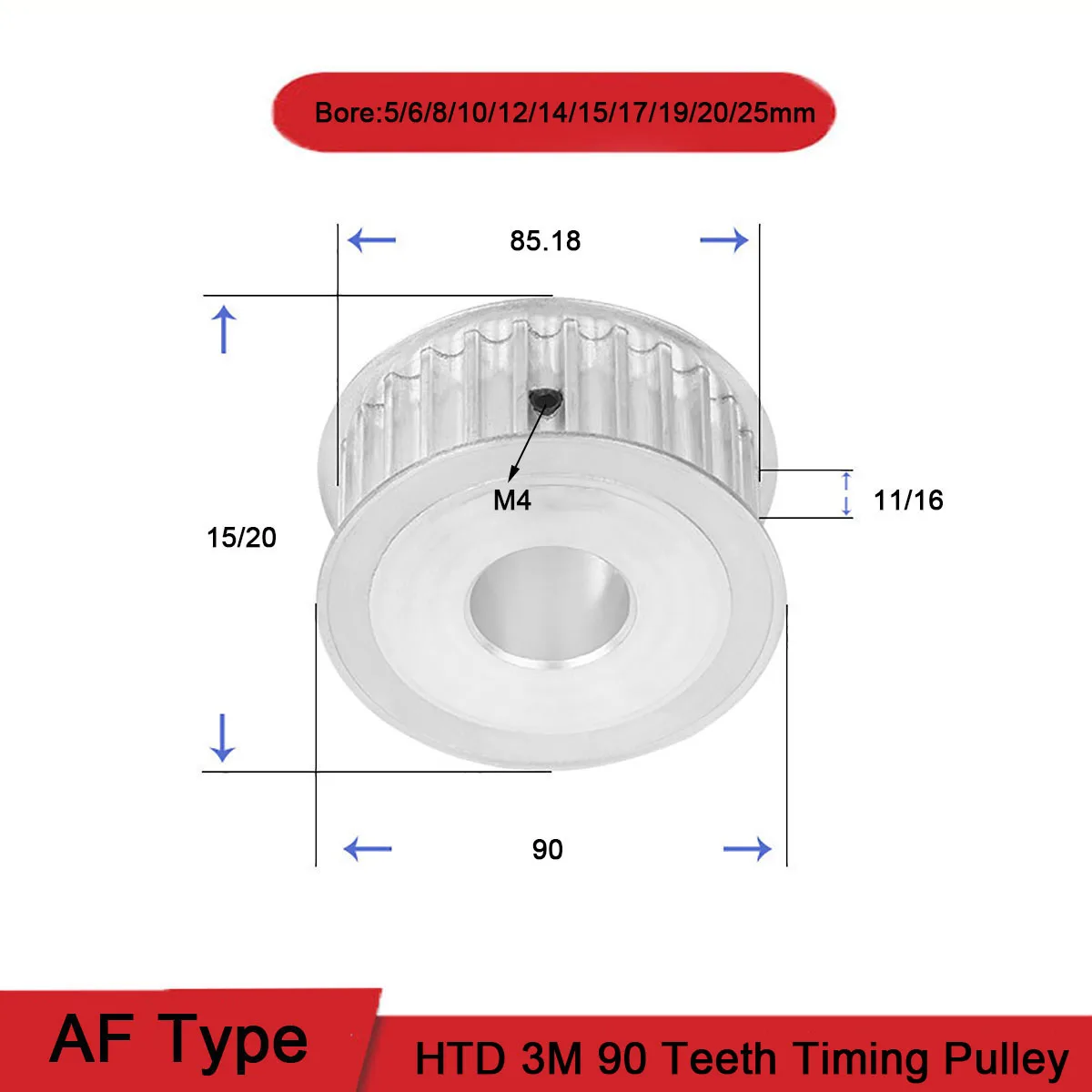 1Pcs 90 Teeth HTD 3M AF Type Synchronus Wheel Idler Pulley Bore 5 - 25mm Aluminium Timing Pulley Width 11 16mm
1Pcs 90 Teeth HTD 3M AF Type Synchronus Wheel Idler Pulley Bore 5 - 25mm Aluminium Timing Pulley Width 11 16mm