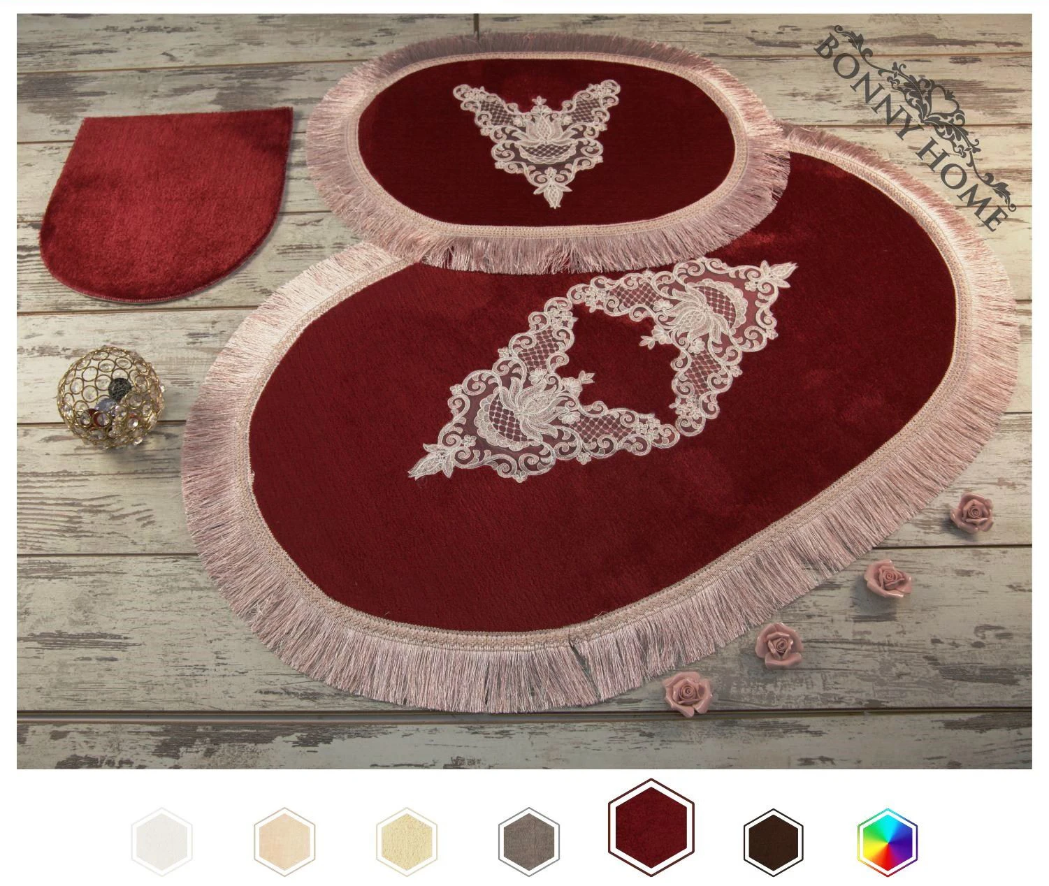 Bonny Home Aspendos Oval Burgundy 3 Pieces Fringed Plush Bath Mat Non Slip Leather Based Machine Washable French Lacy Rug set
Bonny Home Aspendos Oval Burgundy 3 Pieces Fringed Plush Bath Mat Non Slip Leather Based Machine Washable French Lacy Rug set