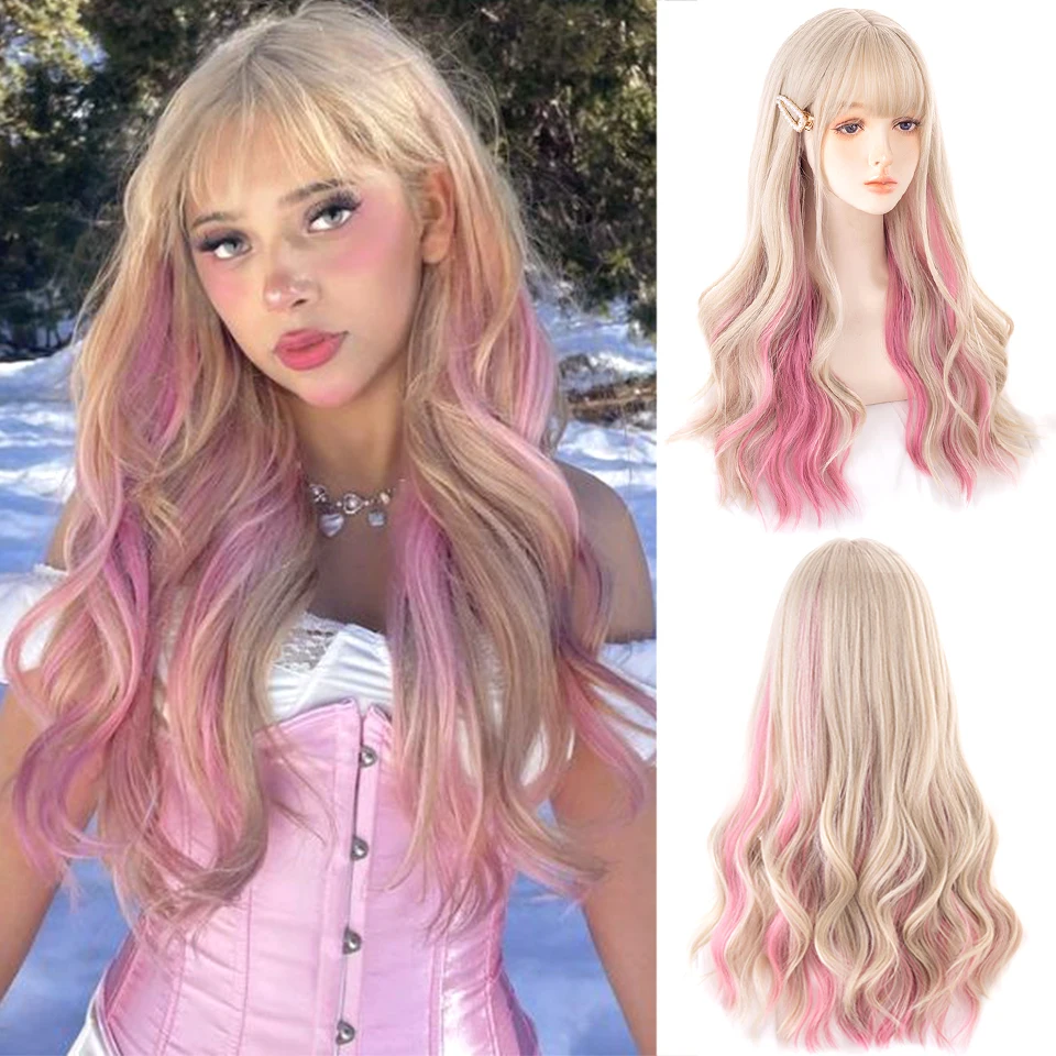 

HOUYAN Synthetic Long Wavy Curly Blonde Pink Wig Cosplay Lolita Bangs Party Heat Resistant