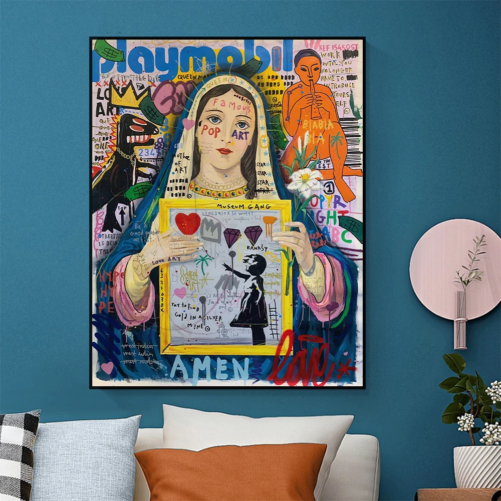 

Pop Street Graffiti Virgin Mary Canvas Painting Poster And Print Wall Art Picture Modern Home Decorate Suitable For Living Room