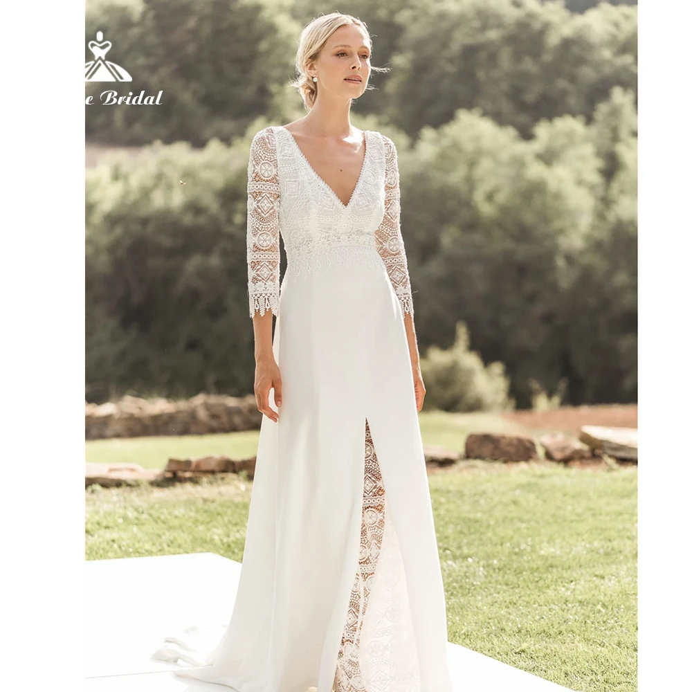 Boho V-neck Backless Lace Up Bow A line Wedding Dress 2022 Chiffon Bridal Gown Three Quarter Cap Sleeve Sweep Floor-Length Lace
Boho V-neck Backless Lace Up Bow A line Wedding Dress 2022 Chiffon Bridal Gown Three Quarter Cap Sleeve Sweep Floor-Length Lace