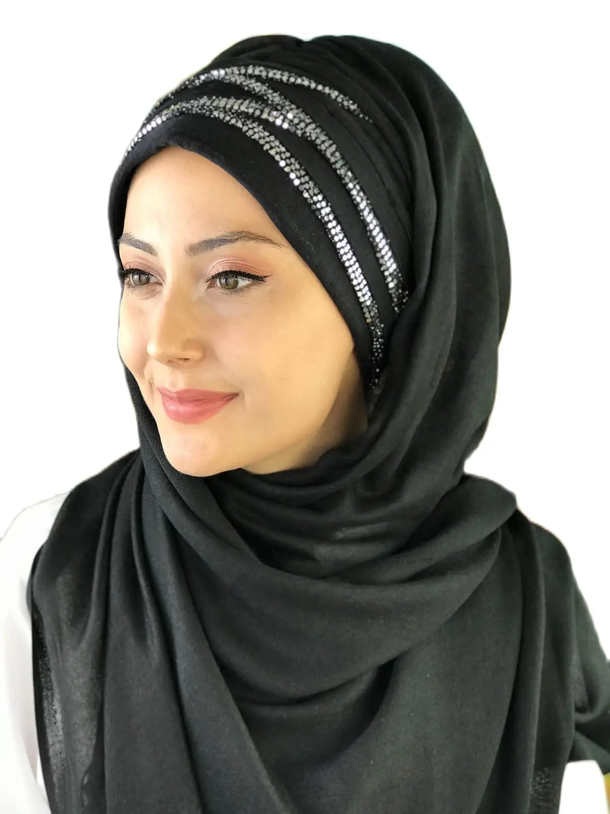 

2021 New Fashion Hijab Women Muslim Islamic Turban Scarf Hat Foulard Silver Sequin Sequined Cross Pattern Black Ready-made Shawl