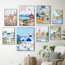 Nordic Vintage Travel City Poster Paris Lisbon Japan Landscape Art Canvas Painting Housewarming Gift Wall Pictures Home Decor