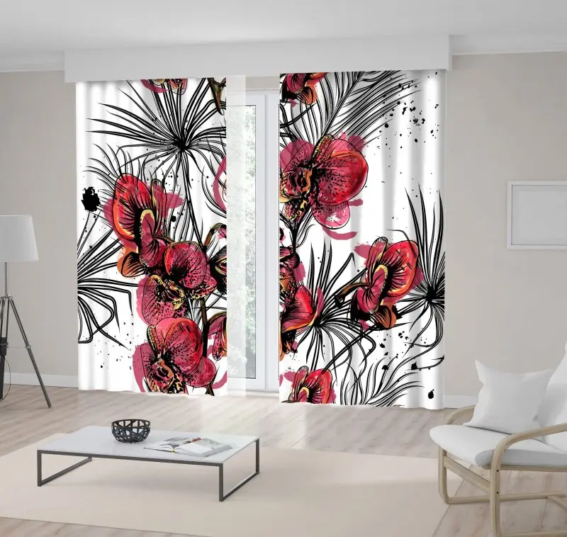 Curtain Orchid Flowers and Tropical Palm Leaves Branches Watercolor Style Artwork Red Black
Curtain Orchid Flowers and Tropical Palm Leaves Branches Watercolor Style Artwork Red Black