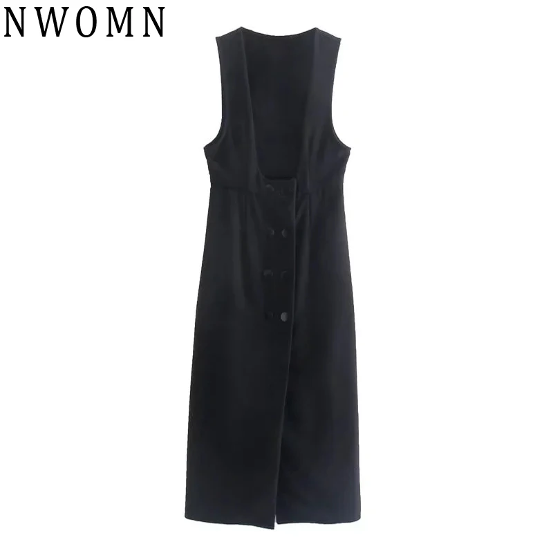 

NWOMN Za 2021 Button Pinafore Black Dress Woman Sleeveless Elegant Dresses For Women Long Dress Fitted Autumn Casual Dresses