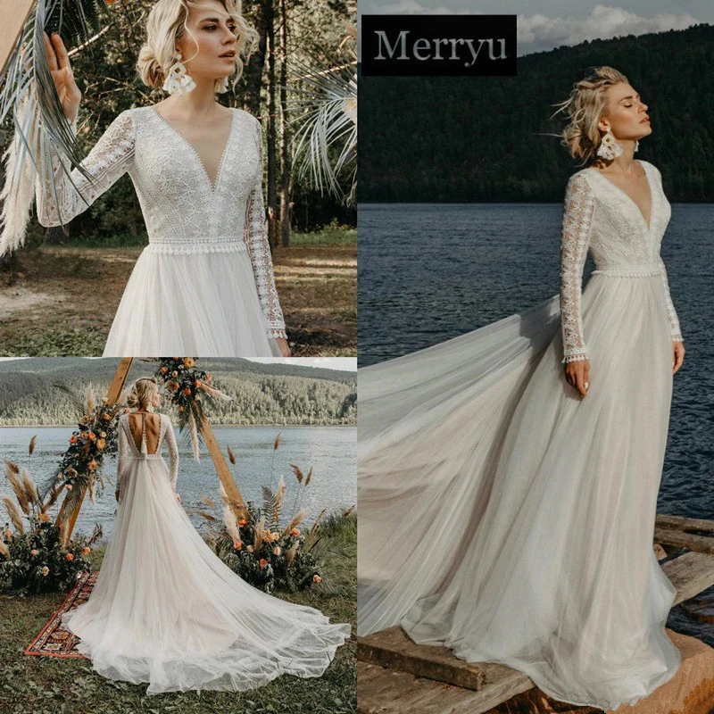 Merryu Modern Bohemian V Neck Wedding Dresses 2020 Backless Lace Top Long Sleeve Fairy Tulle Skirt Holiday Beach Country Bride
Merryu Modern Bohemian V Neck Wedding Dresses 2020 Backless Lace Top Long Sleeve Fairy Tulle Skirt Holiday Beach Country Bride