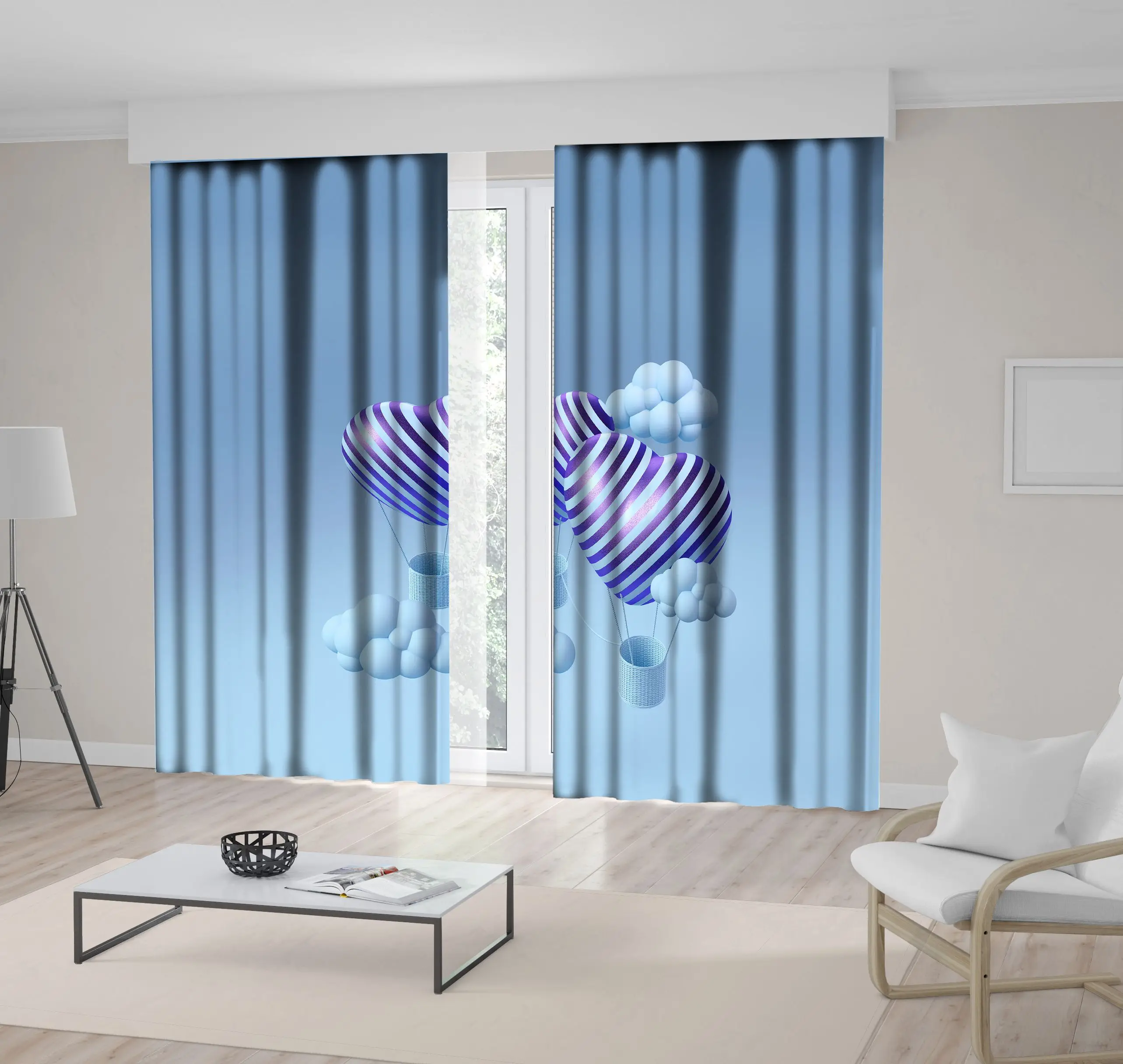 

Curtain Travel with Love Hot Air Balloons Flying Among Clouds Romantic Dreamy Artwork Printed Blue