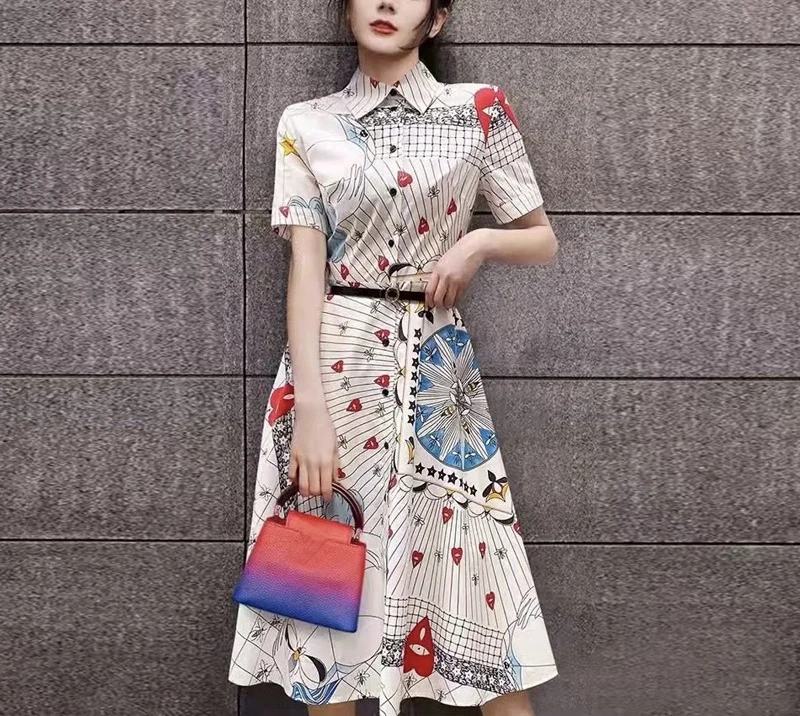 2022 summer women's lapel short-sleeved geometric print lace-up shirt dress women
2022 summer women's lapel short-sleeved geometric print lace-up shirt dress women