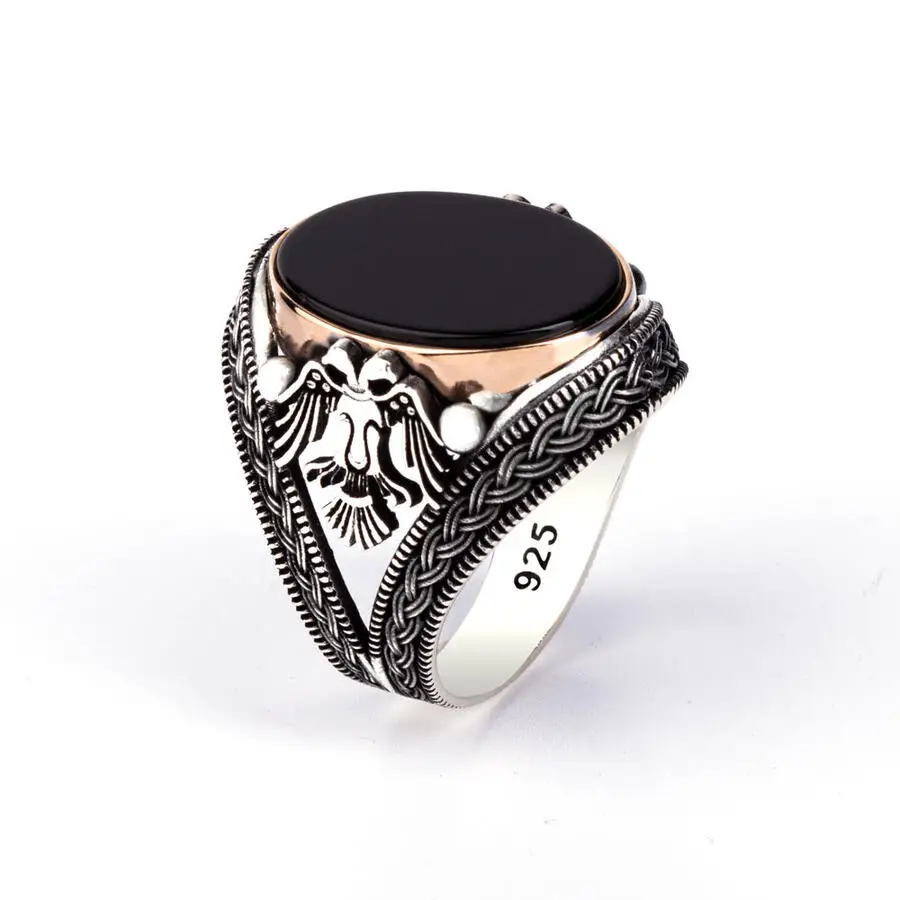

Мужское кольцо с двумя головками орла из серебра 925 пробы, Стильные Классические кольца ручной работы из черного оникса, Сделано в Турции