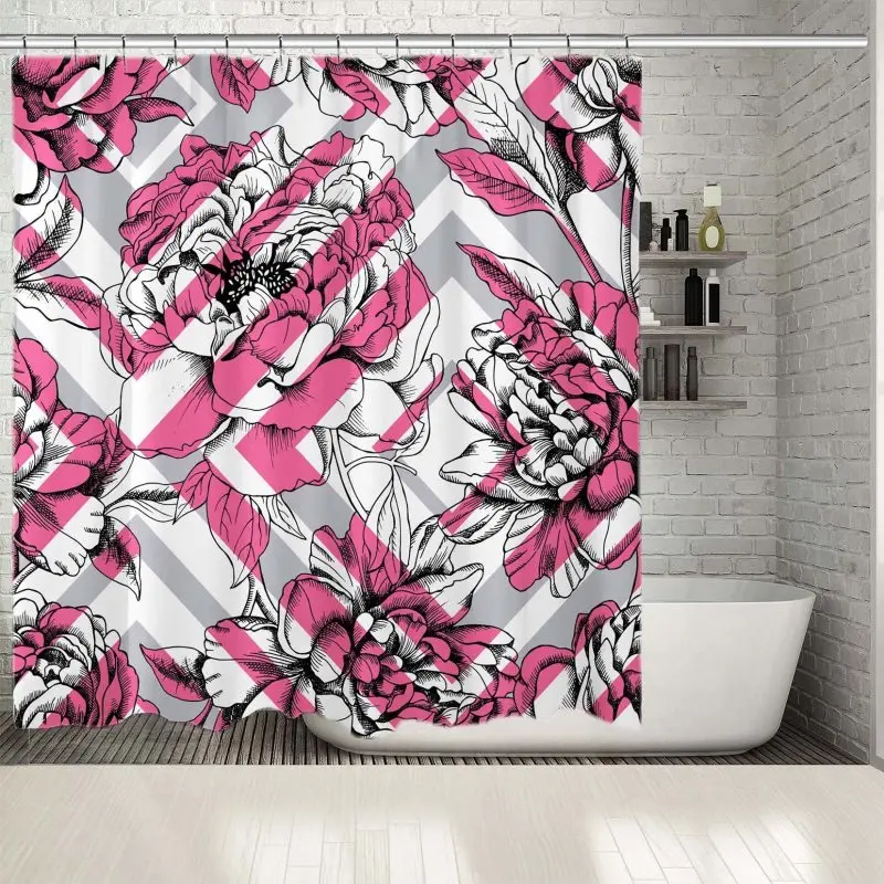 Shower Curtain Peony Flowers and Squares Geometric Pattern Blossom Decorative Illustration Pink Gray
Shower Curtain Peony Flowers and Squares Geometric Pattern Blossom Decorative Illustration Pink Gray