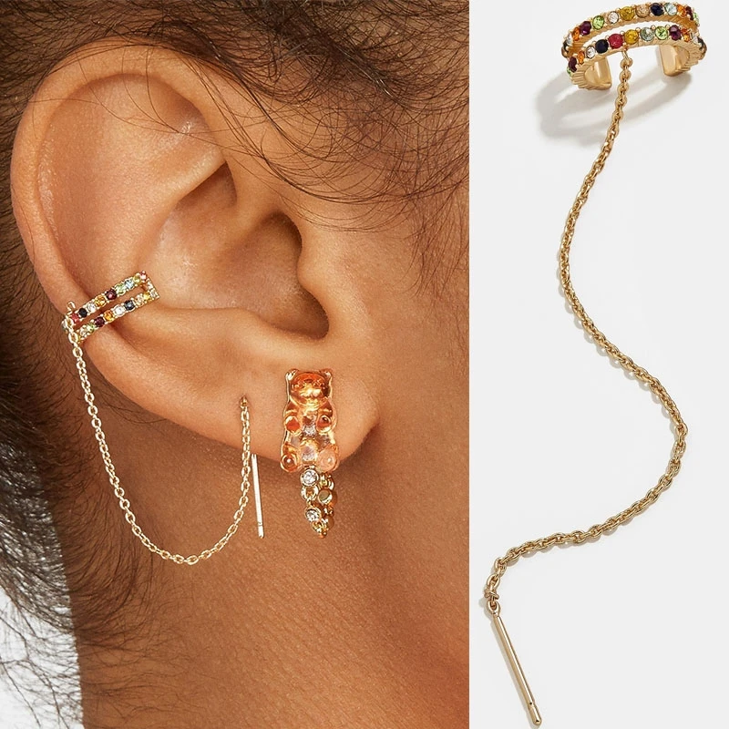 

New Exquisite Single Ear Cuff Threader Colorful CZ Tassel Ear Cuffs Simple Earrings Women ​Jewelry